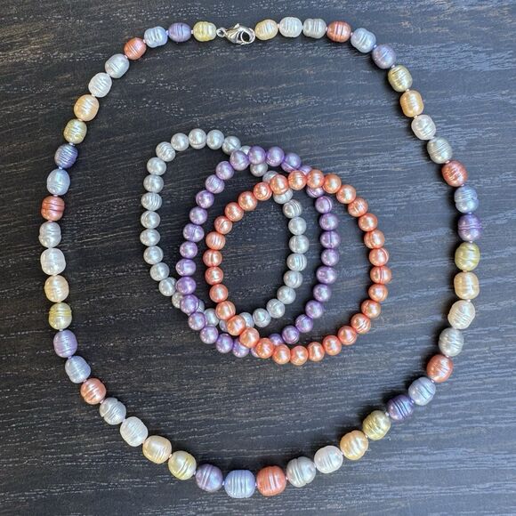 Honora 20” Multicolor Freshwater Pearl Necklace + Stretch Bracelets Sterling 925 - Picture 4 of 15